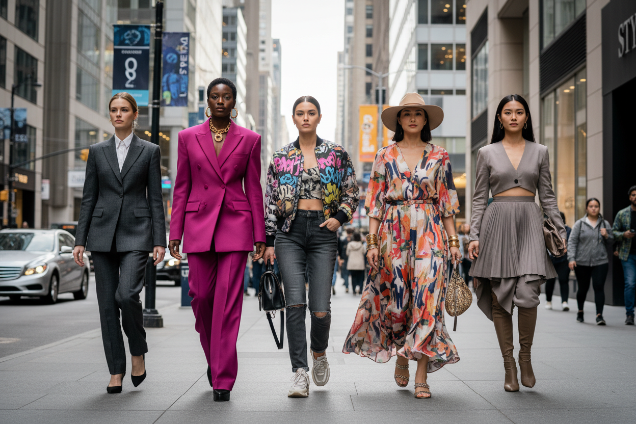 with pic uploaded make a black white and Latino Chinese and philopena women with very unique styles modern boss women walking downtown together