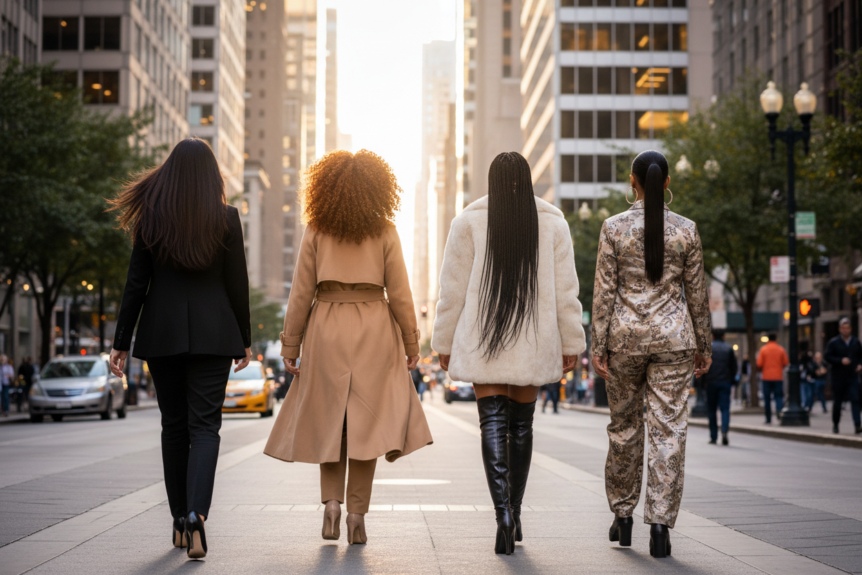 with pic uploaded make boss women walking with their back turned downtown with blazers heels another in trench coats another in fur coats thigh high boots pretty long straight  hair and curly hair braids and ponytail